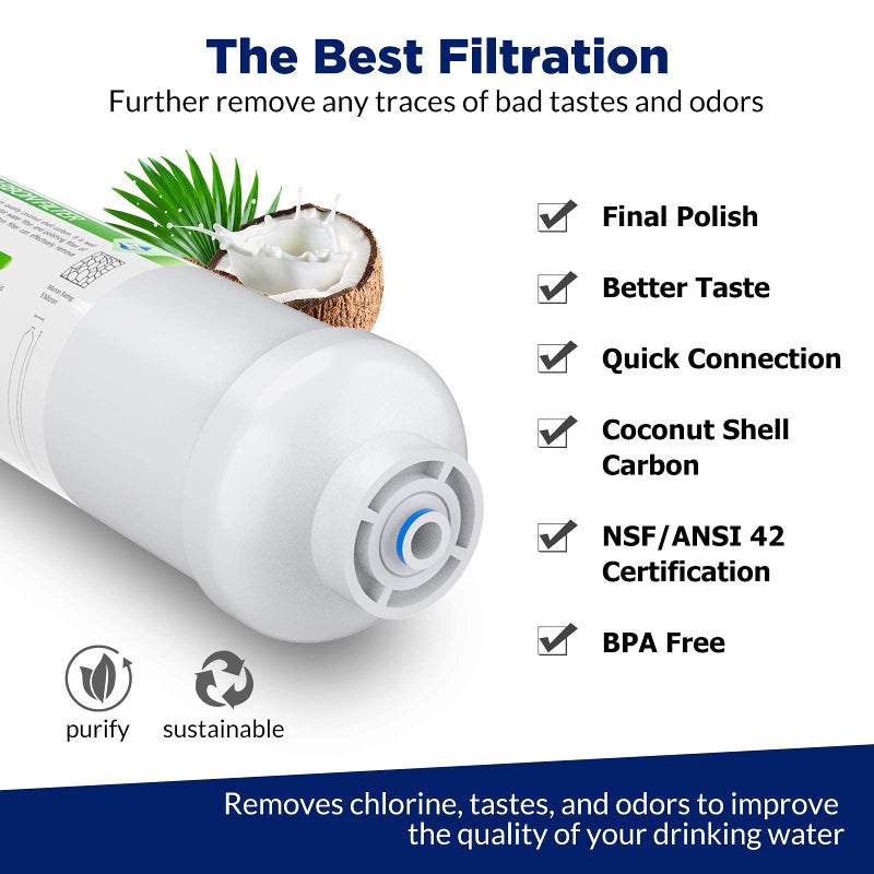 Membrane Solutions T33 Inline Water Filter, 2-Pack 1/4" Quick-Connect Replacement Cartridges for Refrigerator & Ice Maker, Post-Carbon Filter for Reverse Osmosis Systems, Push-to-Connect - Image 4